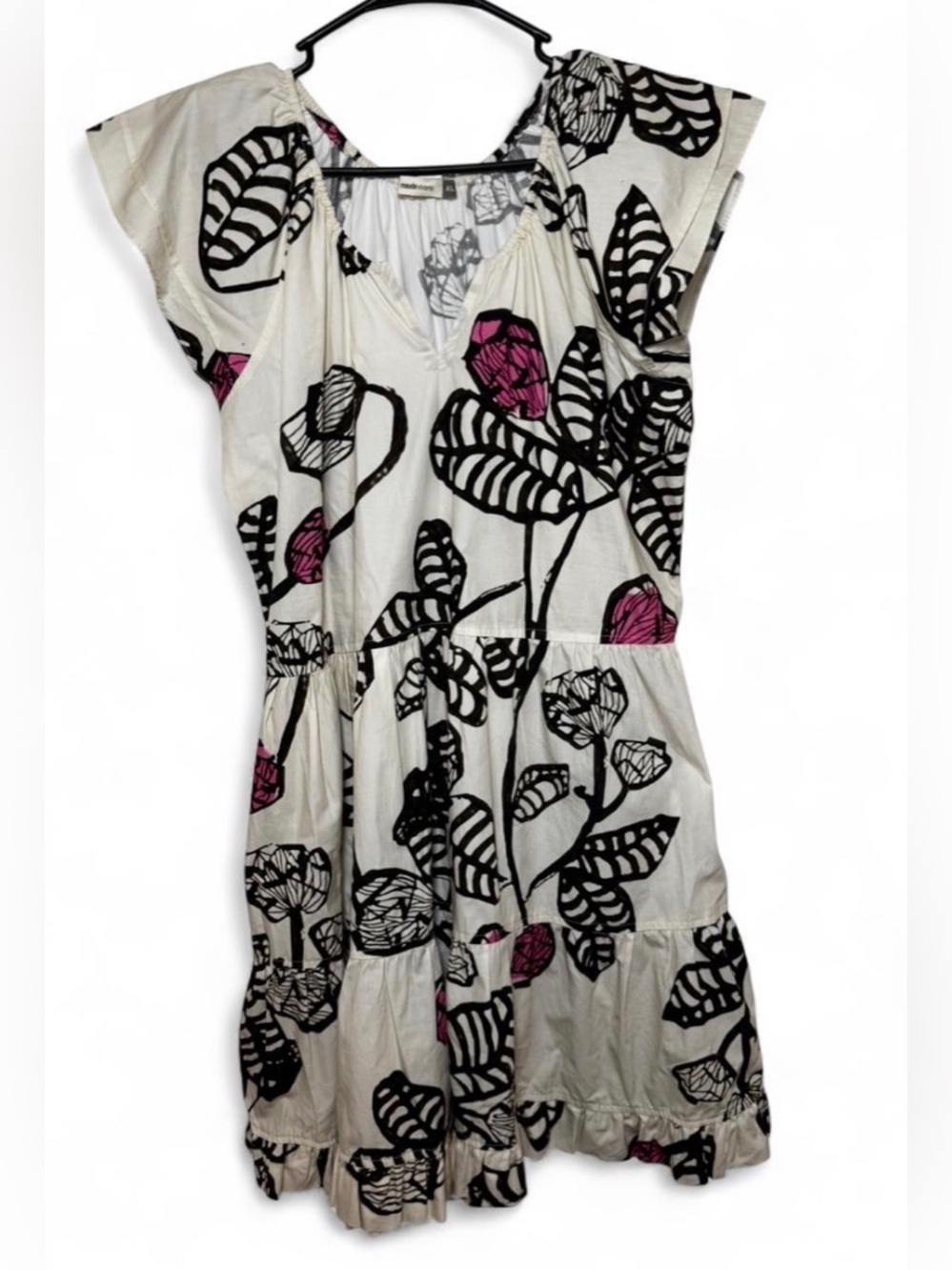 Maude Vivante Womens XL Black Floral Cotton Tiered Dress V-Neck